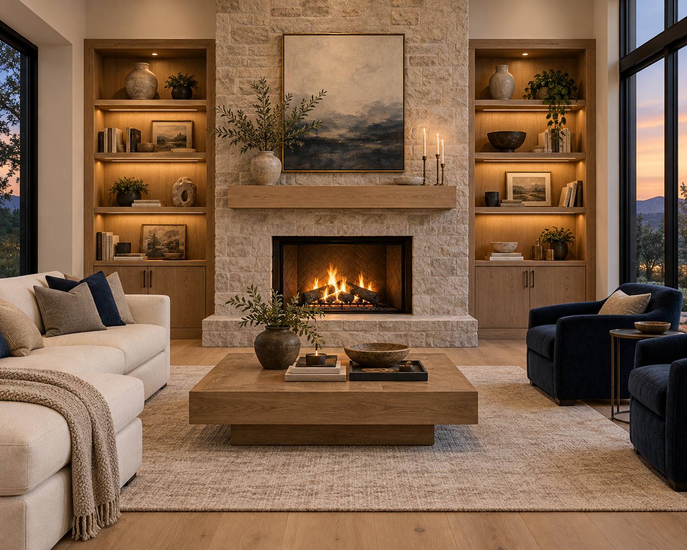 Modern fireplace with stone surround